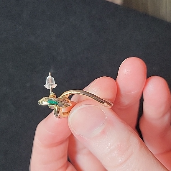 Gold Tone and Green Enamel Pierced Earrings - Picture 3 of 3